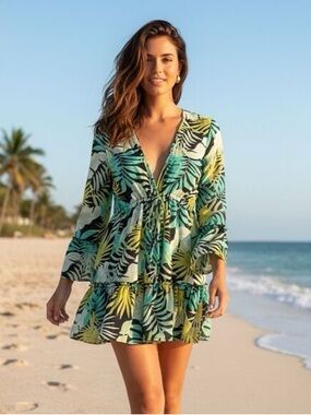 Club Z Collection Tropical Leaf Green Swim Cover-Up Dress